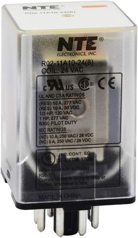 NTE Electronics R02-11A10-24 R02 Series مرحل تيار متردد متعدد الأغراض للأغراض العامة، ترتيب اتصال DPDT، 10 أمبير، قابس ثماني 8 سنون، 24 فولت تيار متردد in Kuwait