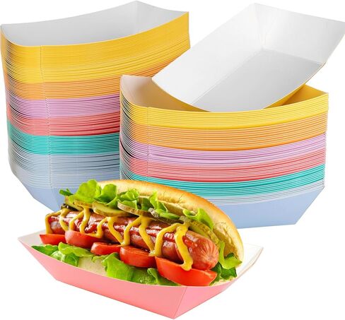TINSKY 120 قطعة من قوارب الطعام الورقية، أطباق هوت دوج للاستعمال مرة واحدة، صواني هوت دوج ملونة للاستعمال مرة واحدة، قوارب من الورق المقوى لتقديم الأطعمة والتوابل والوجبات الخفيفة والمقبلات in Kuwait