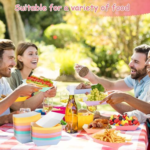 TINSKY 120 قطعة من قوارب الطعام الورقية، أطباق هوت دوج للاستعمال مرة واحدة، صواني هوت دوج ملونة للاستعمال مرة واحدة، قوارب من الورق المقوى لتقديم الأطعمة والتوابل والوجبات الخفيفة والمقبلات in Kuwait