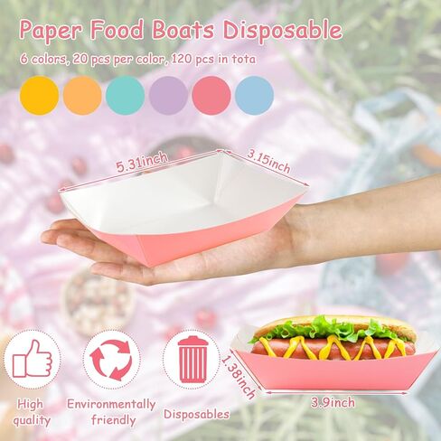 TINSKY 120 قطعة من قوارب الطعام الورقية، أطباق هوت دوج للاستعمال مرة واحدة، صواني هوت دوج ملونة للاستعمال مرة واحدة، قوارب من الورق المقوى لتقديم الأطعمة والتوابل والوجبات الخفيفة والمقبلات in Kuwait