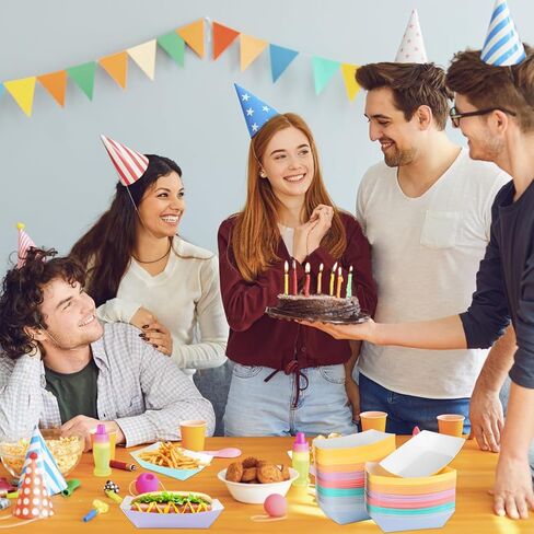 TINSKY 120 قطعة من قوارب الطعام الورقية، أطباق هوت دوج للاستعمال مرة واحدة، صواني هوت دوج ملونة للاستعمال مرة واحدة، قوارب من الورق المقوى لتقديم الأطعمة والتوابل والوجبات الخفيفة والمقبلات in Kuwait