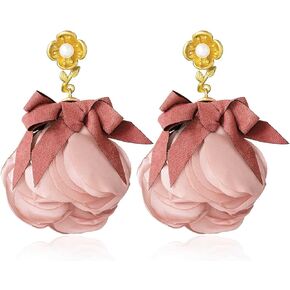 Aksod Bohemian Flower Earrings Pink Large Floral Earrings Stud Big Lightweight Fabric Rose Dangle Earrings Statement Jewelry for Women and Girls