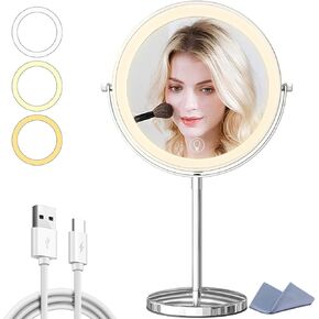 9in Vanity Mirror with Lights, Rechargeable&Adjustable Lighted Makeup Mirror, 3X/20X Double Sided Magnifying Mirror, 5000mAh, 360 Rotate, 3 Color Lights, Brightness Adjustable with 80 LEDs, Silvery
