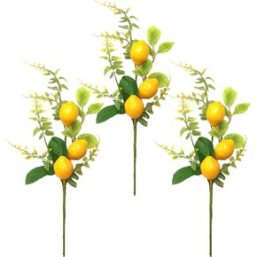 3 Pcs 17 Inch Artificial Lemon Branches Yellow Lemon Decor Faux Fake Fruit Lemon Stems Picks for Vase Kitchen Party Farmhouse Table Centerpiece Home Decoration