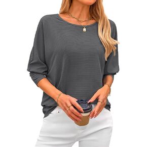CFLONGE Women's Crewneck Batwing Long Sleeve Shirts Lightweight Knit Ribbed Tops 2024 Loose Blouse Solid Pullover Sweatshirts