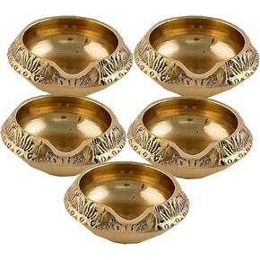 PARIJAT HANDICRAFT Handcrafted Engraved Design Indian puja Golden Brass kuber Oil lamp for Diwali Diya Pooja Article Pooja Purpose Set of 5