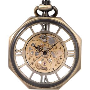 Pocket Watch Skeleton Automatic Mechanical Open Face Old Railroad Style Octagonal for Men