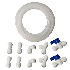 10pcs 5/16 inch water line Quick Connect Push In to Connect Fitting +32ft tubing for RO Water Filter System. (Ball Valve + Tee + Elbow + Straight + Reducing+ PE tubing)
