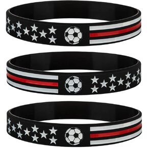 Sainstone World Cup Soccer Ball Inspirational Silicone Bracelets with American Flag, Thin Red Line Motivational Rubber Wristbands Gifts for Patriots, Men, Women, Teens, Players Fans