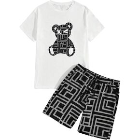 SOLY HUX Men's 2 Piece Summer Outfits Cartoon Graphic Short Sleeve T Shirt and Shorts Set