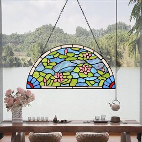 Stained Glass Window Hanging Tiffany Plant Style 16" Half Moon Pond Lotus Suncatcher Wall Decor Art Panel Includes 20" Chain and Hook The Perfect Housewarming Gift in Saudi Arabia