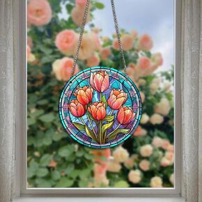 HOTIYOK Red Tulips Flower Acrylic Window Hangings Retro Stained Window & Wall Decor, Ideal Housewarming Gift, Home Decor for Mom, Grandma, Wife, Teacher, Floral Lover