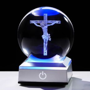 3.15" Crystal Ball Engraved 3D Jesus Cross Christ Figurine with LED Light Base, Christian Crucifix Statue Christmas Religious Gifts for Women Men Friends Collectible Home Decor
