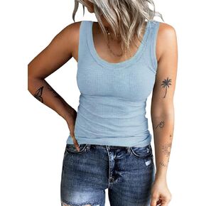 Womens Sleeveless Scoop Neck Ribbed Tank Tops Slim Fit Basic Cami Vest Shirts
