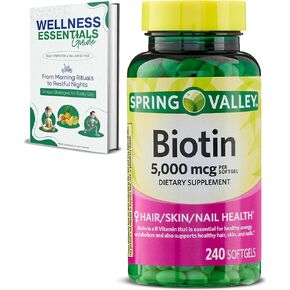 Biotin 5000mcg | 240 Softgels | Essential Wellness Supplement for Hair, Skin, Nails | Boost Energy Metabolism | Hair and Nails Vitamins for Women | Biotin 5,000 Mcg by Spring Valley