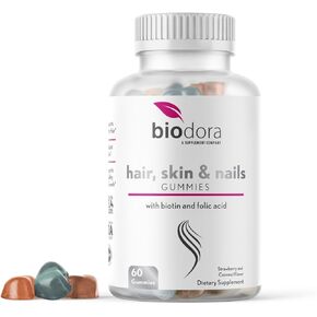 Hair Skin and Nails Gummies, Extra Strength Biotin Gummies with Folic Acid, Inositol and Vitamins, PCOS Symptom Relief & Hormone Balance, Sugar-Free Strawberry & Coconut Flavor, 60 Gummies