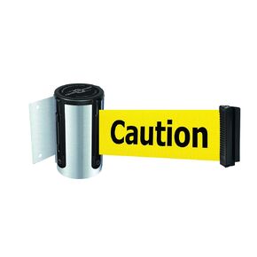 896-STD-1S-STD-NO-YAX-C Wall Mount Unit with Retractable Barrier, Satin Chrome, 7.5' No Custom Yellow Webbing/Black "Caution - Do Not Enter" Standard Belt