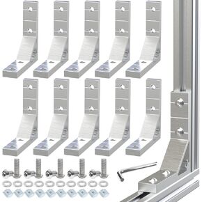 10Sets 2020 Aluminum Extrusion Corner Brackets,Strong Heavy Duty L Shape Brackets Sets with 40Pcs M5 T-Slot Nuts, 40Pcs Screws,40Pcs Gasket and1Pcs Wrench (Silver)
