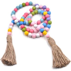 QTMY Easter Tiered Tray Decor Items,Colorful Wood Bead Garland with Jute Tassel,Rustic Wooden Bead Spring Farmhouse Home Decor (Colorful)