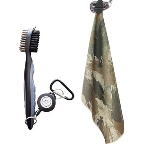 Magnetic Golf Towel | Golf Brush & Groove Cleaner w/Retractable Carabiner | Camo Design Microfiber Towel | Strong Magnet for Firm Hold to Golf Cart & Clubs | Golf Accessories for Men & Women