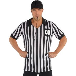 Adult Standard Size Referee Kit - 1 Set - All-in-One Striped Black & White Shirt, Hat, and Whistle - Complete Set for Sports and Games Enthusiasts