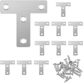 10PCS T Shape Flat Brackets Mending Plates, Stainless Steel Flat T Brackets, T Flat Corner Brace Bracket, Heavy Duty T Corner Brace Joining Plate with Screws (T 40 mm x 40 mm)