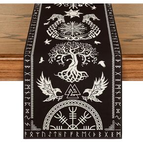 Artoid Mode Black Viking Tree of Life Raven Helmet of Awe Table Runner, Seasonal Kitchen Dining Table Decoration for Home Party Decor 13x72 Inch
