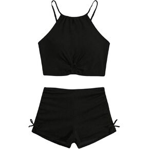 Girl's 2 Piece Swimsuits O Ring Drawstring Sleeveless Cute Bikini Set High Waisted Bathing Suit