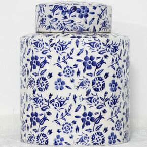 Blue & White Decorative Ceramic Ginger Jar with Lid, Floral Pattern (Large)