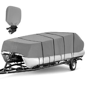 Obcursco Pontoon Boat Cover,20-23 ft Elastic Heavy Duty Waterproof with Motor Cover Resistant Oxford for Pontoon Deck Boats Accessories with Adjustable 16 Tie Down Straps (20-23ft,Gray)