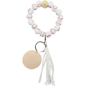 Fuqimanman2020 Wooden Bead Sports Charm Wristlet Keychain Softball Baseball Wood Tassel Key Ring