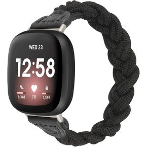 Wearlizer Elastic Band Compatible with Fitbit Sense Bands/Fitbit Versa 3 Bands/Sense 2 Bands/Versa 4 Bands for Women, Slim Solo Loop Braided Strap Stretchy Woven Wristband Accessory, Khaki, M