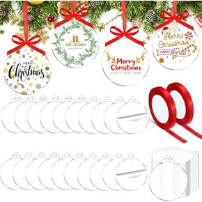 Blulu 100 Pcs Christmas Clear Acrylic Ornament Blanks Bulk Round Acrylic Discs Ornament Vinyl Christmas Hanging Circle Ornaments Blank with 2 Rolls Red Ribbon for Christmas Tree DIY Crafts (4 Inch)