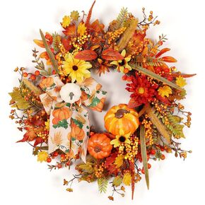 Fall Wreaths for Front Door 20 Inch Artificial Orange Fall Wreath Decorated with Bows, Pumpkins, Berries and Maple Leaves for Halloween, Thanksgiving, Indoor and Outdoor Home Decorations