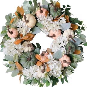 Fall Pumpkin Wreath with White Hydrangea Flowers Lamb Ear Leaves Greenery for Front Door, 22 inches Rustic Farmhouse Autumn Wreath for Indoor, Green Pink White Pumpkin Wreath for Harvest Decoration