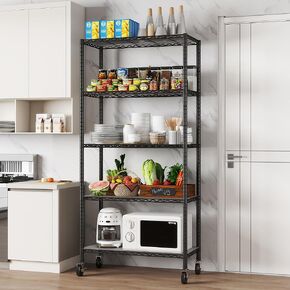5-Shelf Shelving Units and Storage on 3'' Wheels with Shelf Liners Set of 5, NSF Certified, Adjustable Heavy Duty Carbon Steel Wire Shelving Unit (30W x 14D x 63.7H) Pole Diameter 1 Inch