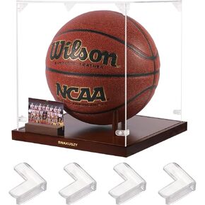 Basketball Display Case with Solid Wooden Base and Photo Display Stand, 10.2" Basketball Display Case with Corner Protectors for NBA Ball, Basketball Holder Display for Autographed Basketball