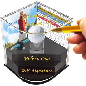 Golf Ball Display Case, Golf Gifts, Acrylic Holder 2- Layer for Hole in One Ball with Scorecard/Picture Frame & Golf Pencil Holder Golden Felt-Tip Pen