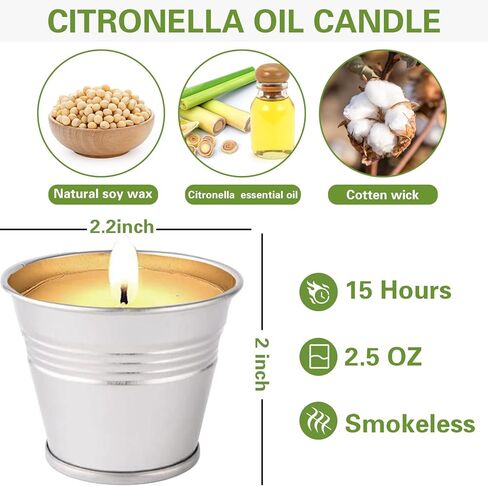 شموع السترونيلا في الهواء الطلق، مجموعة 12 شموع السترونيلا، مصنوعة من زيوت السترونيلا العطرية وشمع الصويا الطبيعي، وقت حرق 180 ساعة، 2.5 أونصة شموع صغيرة للفناء والمنزل والتخييم in Kuwait