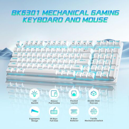 لوحة مفاتيح وماوس ميكانيكية للألعاب، 98 مفتاحًا بإضاءة خلفية LED مع مفتاح أزرق عائم باللون الرمادي، ماوس ألعاب RGB مريح مع مجموعة لوحة ماوس، لوحة مفاتيح سلكية مضادة للشبح لألعاب الكمبيوتر المحمول in Kuwait