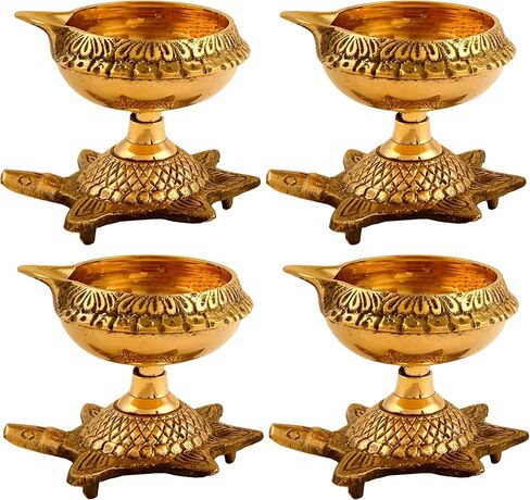 مجموعة Hashcart مكونة من 4 مصابيح زيت نحاسية هندية مصنوعة يدويًا مقاس 4 بوصة - مصباح ديا ذهبي منقوش بتصميم ضياء in Kuwait