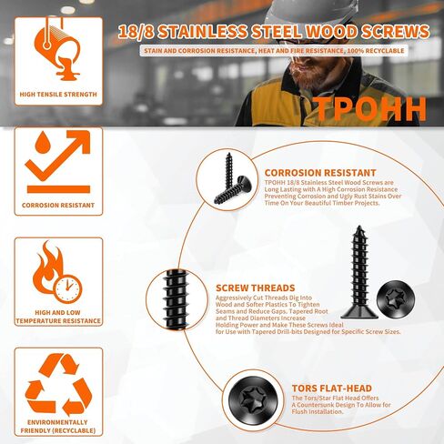 100 PCS #6 x 1" Flat Head Torx/Star Wood Screws, 18-8 (A2) Stainless Steel, Full Threaded & Black Coated for Durability, T15 Drive Bit Included, No.6 X 1" Multipurpose Screw by TPOHH in Saudi Arabia