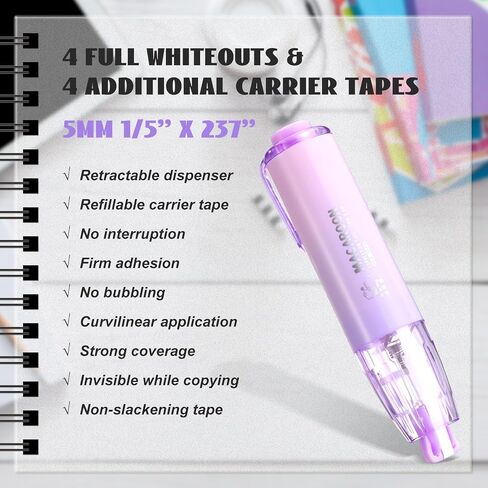 4 Pcs Refillable Retractable Correction Tape with 4 Extra Refills Cute Pen Shaped Correction Tape Aesthetic Correction Tape Set for Office School Supplies, 4 Colors in Saudi Arabia
