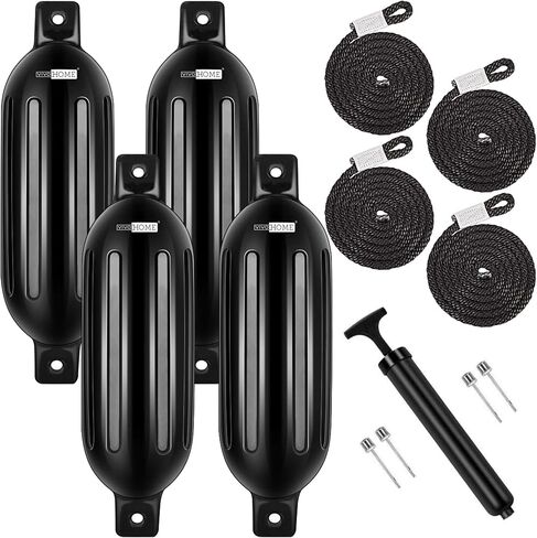 VIVOHOME Vinyl Ribbed Boat Fenders 4 Pack, Boat Bumpers with Ropes, Needles, and Pump to Inflate Fit for Yachts, Sailing Dinghies, Bass Boats, Black in Saudi Arabia