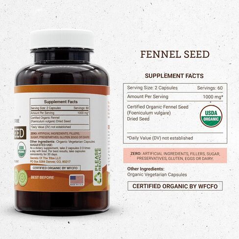 Secrets of the Tribe Fennel Seed 120 Capsules, Made with Vegetarian Capsules and USDA Organic Fennel Seed (Foeniculum vulgare) Dried Seed (120 Capsules) in Saudi Arabia