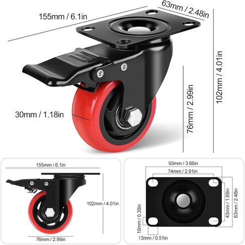 3 Inch Heavy Duty Caster Wheels Set of 4 With Brake 360 Degree Swivel Top Plate Casters Cart Wheels Silent Locking Industrial Casters Polyurethane 1200 Lbs Castor Wheels for Cart, Furniture, Workbench in Saudi Arabia
