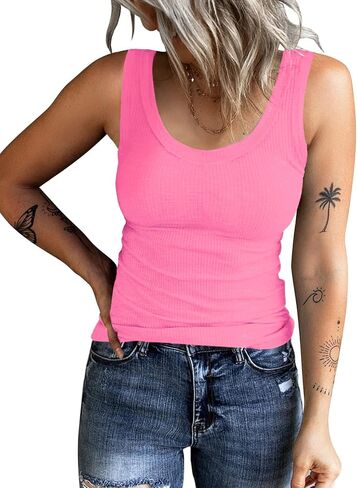 Womens Sleeveless Scoop Neck Ribbed Tank Tops Slim Fit Basic Cami Vest Shirts in Saudi Arabia