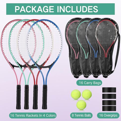 16 Pcs Tennis Rackets for Adult Recreational 8 Players 27" Tennis Racquet Bulk Lightweight Tennis Racket with 8 Tennis Balls for Training Beginners with Overgrips Carry Bag in Kuwait