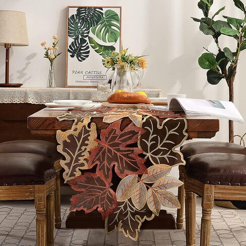 مفرش طاولة عيد الشكر مع أوراق القيقب المطرزة، ديكور طاولة حصاد عيد الشكر في المزرعة (13.7 × 86.6 بوصة) in Kuwait