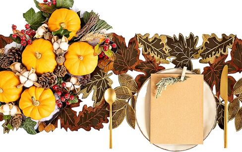 مفرش طاولة عيد الشكر مع أوراق القيقب المطرزة، ديكور طاولة حصاد عيد الشكر في المزرعة (13.7 × 86.6 بوصة) in Kuwait